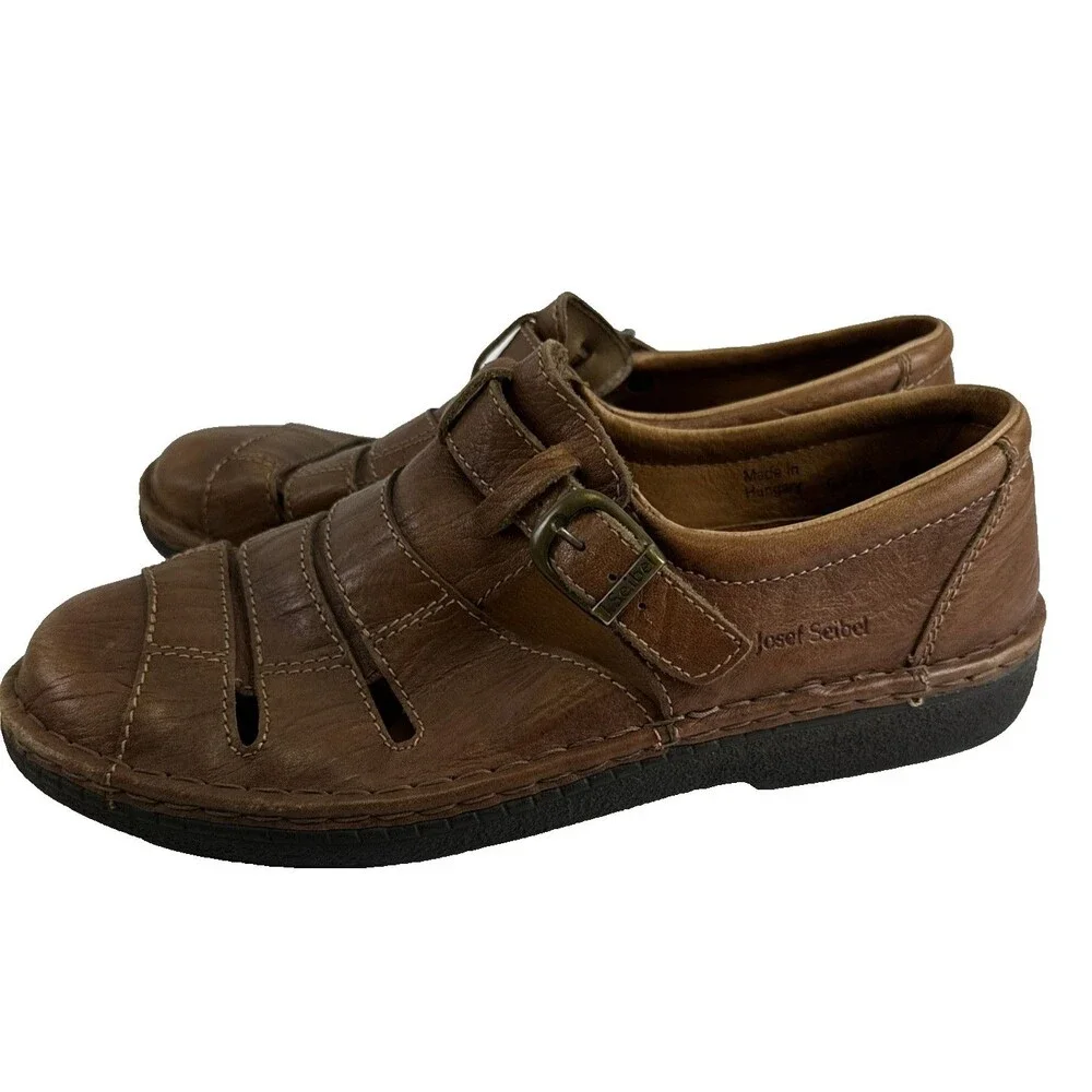 Josef Seibel Fisherman Flat Sandal Closed Toe Brown Leather Buckle 43‎ US 9.5-10